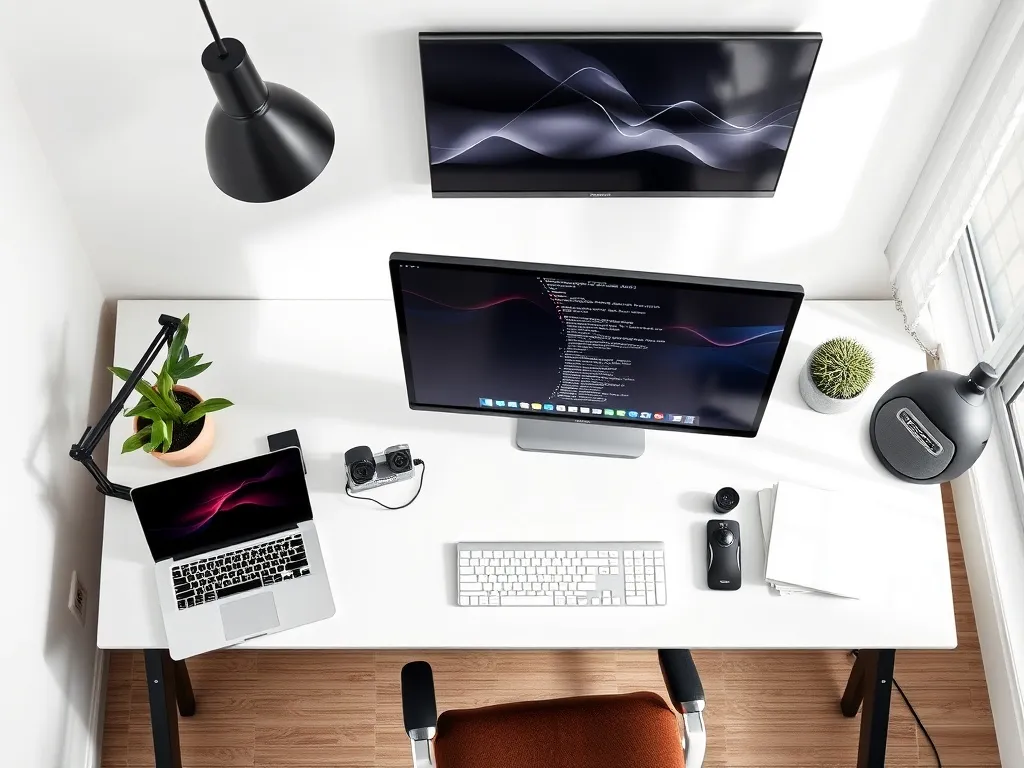 Modern minimalist home office setup with laptop, monitor and