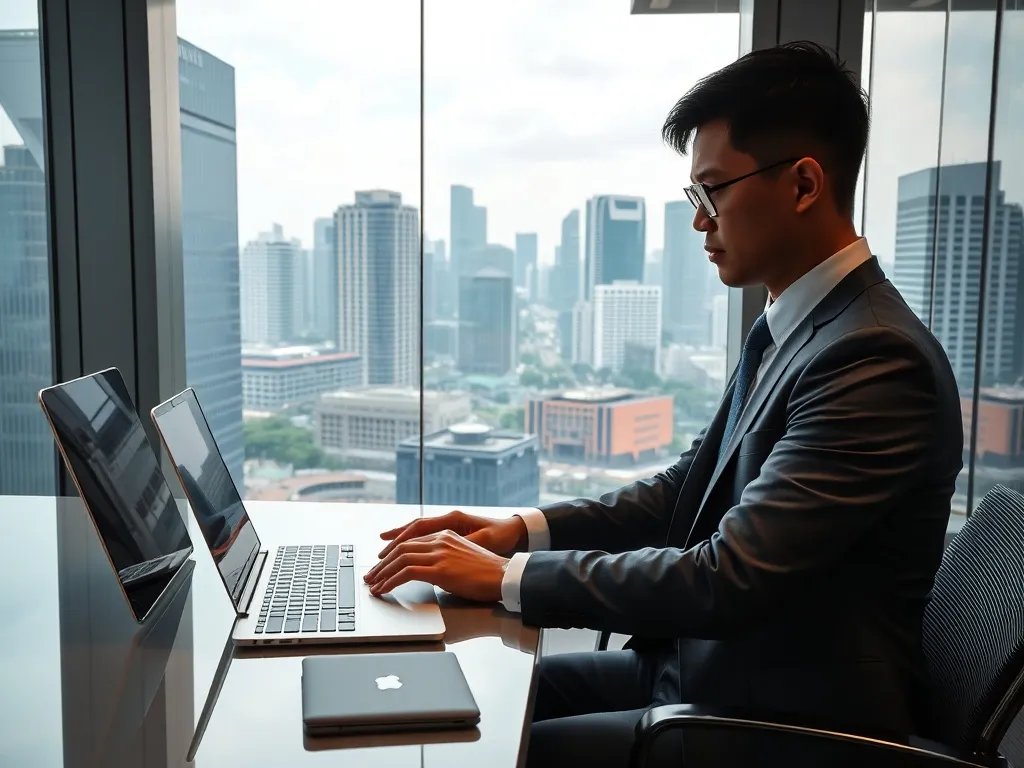 A professional person in business attire working on a laptop
